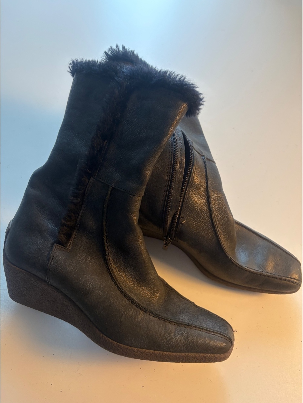 Geox Black Leather Fur-Lined Wedge Ankle Boots